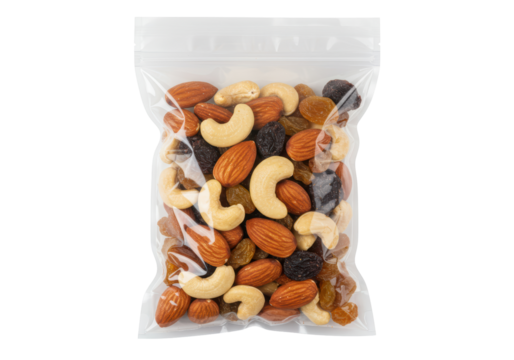 Isolated Transparent Plastic Bag of Mixed Nuts and Dried Fruit