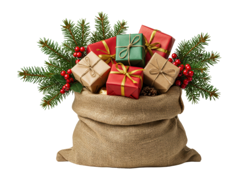 Isolated Burlap Sack Overflowing with Christmas Gifts and Decorations - Powered by Adobe