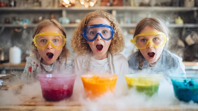 Children wearing goggles doing colorful volcano science experiment. amazed kids in safety goggles doing a colorful science experiment with smoke effects at home, concept of fun learning