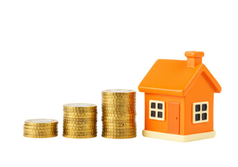 Isolated Rising Stack of Coins and Toy House