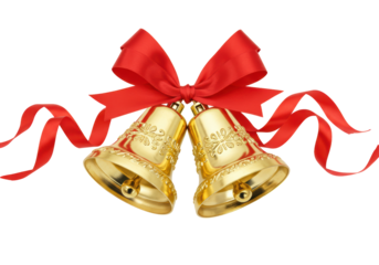 Isolated Golden Christmas Bells with Red Ribbon