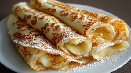 Close up of thin pancakes rolled up and sprinkled with powdered sugar are waiting to be eaten