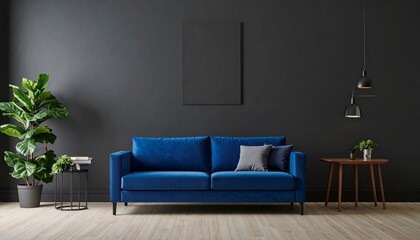Dark living room,Blue sofa on wooden flooring and black wall. 