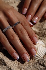 Woman's Hands with Elegant Manicure and Seashell on Sand