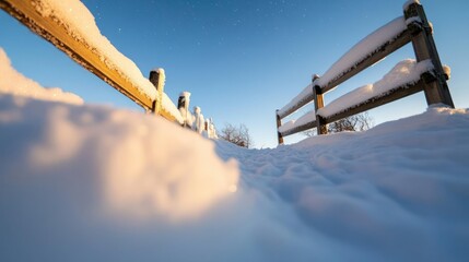 Snow-Covered Fence Under a Clear Winter Sky
