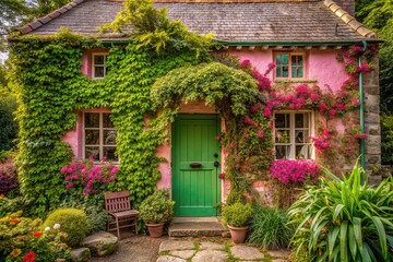 Charming Pink Cottage with Lush Greenery and Vibrant Flowers
