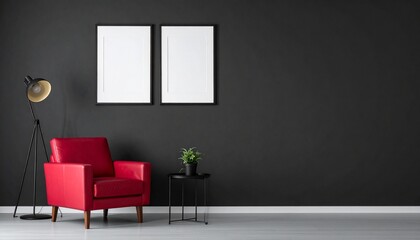 Living room interior wall mockup in black tones with red leather armchair on dark wall 