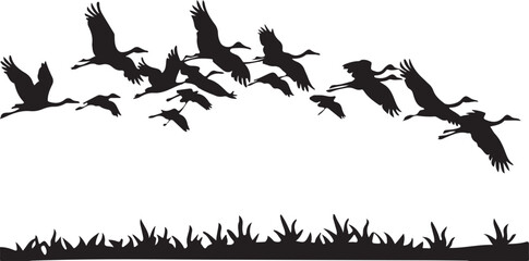 Flying bird silhouettes in nature with a branch pattern