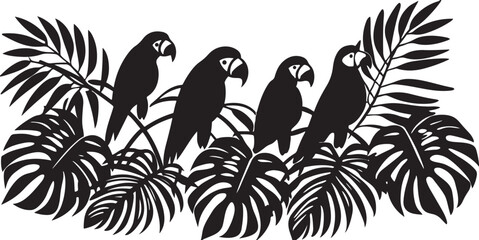 Palm tree silhouettes with tropical birds, parrots, and macaws on branches, embodying nature's design
