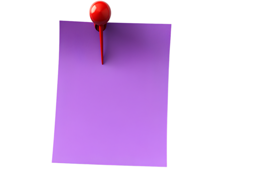 A purple sticky note with a red push pin on a transparent background.