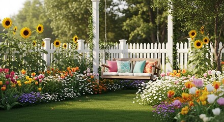 Idyllic garden scene with swing set lush flowers vibrant colors and white picket fence