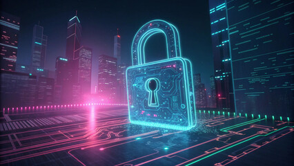 Cybersecurity concept featuring a glowing padlock in a futuristic city at night with digital elements created with generated ai