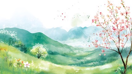 Fototapeta premium poetic watercolor landscape with blooming flora,