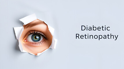 Woman`s eye looking trough teared hole in paper, eye test with words Diabetic Retinopathy on right. Eye disease concept template. Grey background.
