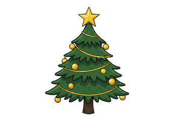 Isolated Cartoon Christmas Tree with Golden Ornaments