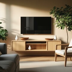 Obraz premium Modern Minimalist Living Room Design TV Entertainment Center with Natural Wood Accents and Plants