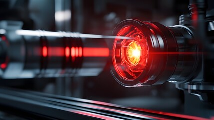 A close up view shows a powerful red laser beam emitting from a high tech industrial machine device.