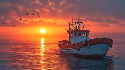 Fototapeta premium Fishing boat sunrise at sea