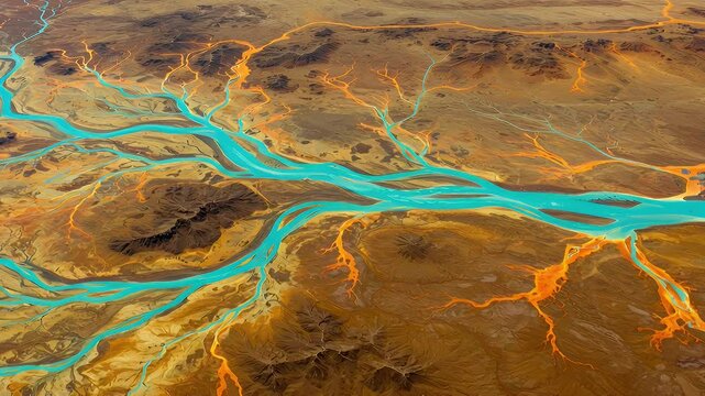 Aerial view of a river system winding through a colorful desert landscape
