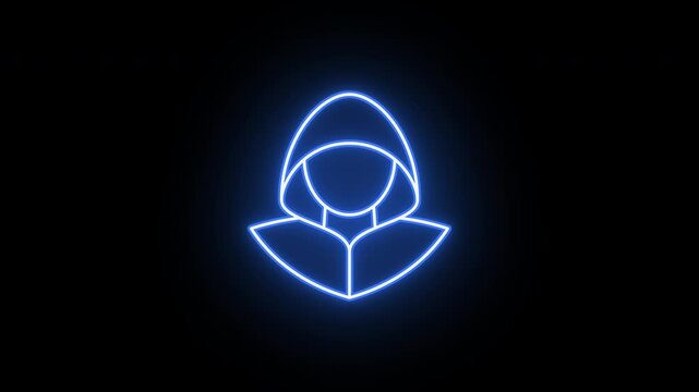 Neon hacker icon, flickering emergence and fading. Glowing neon cyber thief icon, looped animation. Hacker with hood, scammer, data theft, hacking account, internet scam. Violet blue azure colors