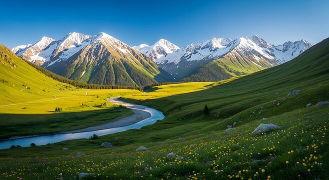 Majestic mountain range with flowing river and lush green valley under clear blue sky