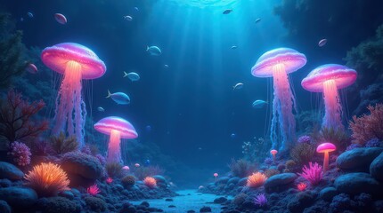 Design an ethereal underwater scene featuring bioluminescent alien species.