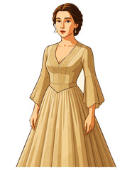 Woman in a long beige dress standing gracefully in a neutral pose.