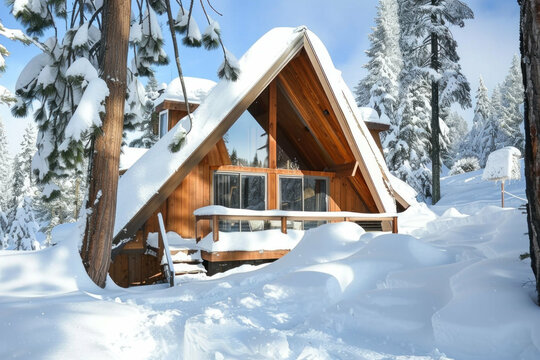 Snowy mountain a frame cabin winter scene