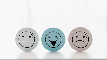 Customer showing rating with happy icon, Customer satisfaction survey concept, Positive feedback from happy client satisfaction with quality of service, marketing surveys, ratings, review, copy space