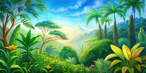 Lush Tropical Forest Landscape with Vibrant Plants and Mountains
