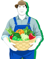vector of a farmer in overalls carrying a basket full of fresh vegetables, isolated on white
