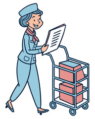 vector of a smiling flight attendant with trolley cart and boarding documents, clean style on white
