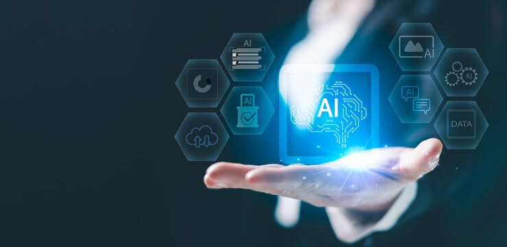 Artificial intelligence ecosystem concept showing digital brain connected icons symbolizing cloud computing data processing, machine learning, automation, cybersecurity. business digital technology.