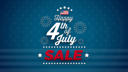 4th of July Sale graphic for overlay, web banners, Independence Day holiday marketing materials, social media. White typography Happy 4th of July with US flag, fireworks, stars. Vector illustration