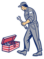 vector of a car mechanic holding wrench and open toolbox, grease marks on clothes, white background
