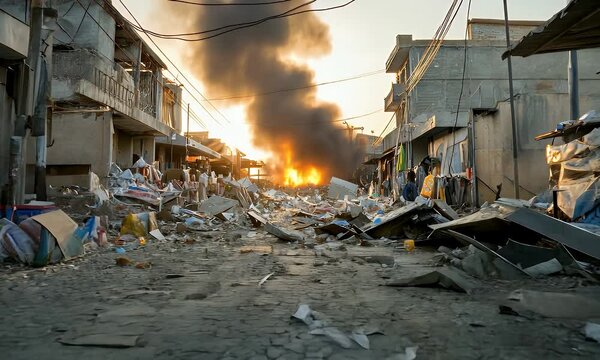 Warzone street with destruction and fire