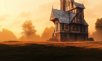 A quaint timbered house nestled among trees bathed in the warm glow of a golden sunset landscape art