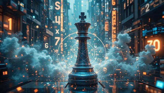 Chess king piece in a futuristic digital cityscape with data