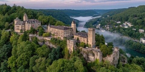 Obraz premium Breathtaking Aerial Panoramic Serene Golden Sunrise Landscape Concept. Majestic Castle on a Cliff Surrounded by Lush Green Forest and Misty River Valley at Dawn