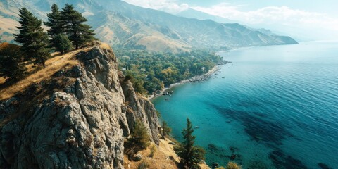 Fototapeta premium Breathtaking Aerial Panoramic Serene Golden Sunrise Landscape Concept. Serene Coastal Landscape with Cliffs and Clear Water Under Blue Sky and Mountains