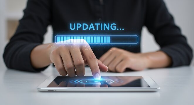 Digital software tablet device updating process with modern loading screen technology - Powered by Adobe