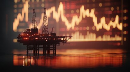 An oil rig silhouette against a financial stock chart, showcasing the fluctuating value of fossil fuels