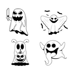 Set Abstract Collection Doodle Black Line Happy Halloween Greeting Ghost Spirit Tongue Out Background. Vector Design Banner Party Invitation Template