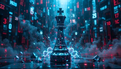 Digital chess king on a futuristic chessboard with glowing numbers