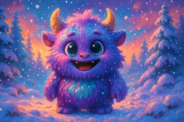 Fototapeta premium Cute furry purple monster enjoying snowfall in a magical winter wonderland