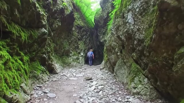 Exploring Narrow Gorge Walls Covered in Moss in Carpathian Mountains