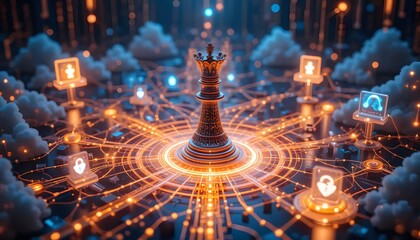 Digital Strategy Concept with Chess Piece and Cloud Computing Network