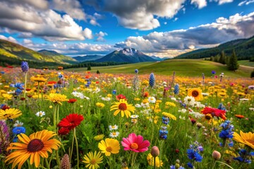 Fototapeta premium Vibrant Wildflower Meadow with Mountain View