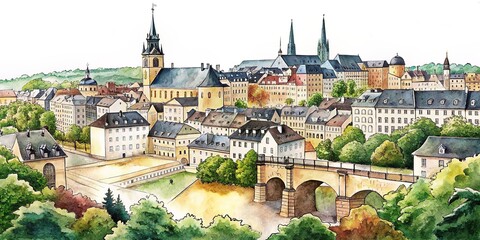 Watercolor Illustration of a European Cityscape with Buildings, Trees, and Bridge
