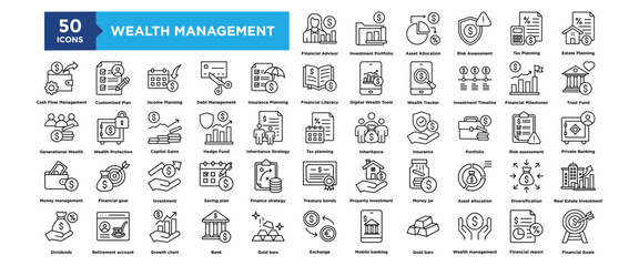 50 Wealth Management icon set. Containing design, Financial Advisor, Investment Portfolio, Asset Allocation, Risk Assessment, Tax Planning